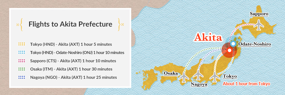 [Flights to Akita Prefecture] / Tokyo (HND) - Akita (AXT) 1 hour 5 minutes / Tokyo (HND) - Odate-Noshiro (ONJ) 1 hour 10 minutes / Sapporo (CTS) - Akita (AXT) 1 hour 10 minutes / Osaka (ITM) - Akita (AXT) 1 hour 30 minutes / Nagoya (NGO) - Akita (AXT) 1 hour 25 minutes About 1 hour from Tokyo