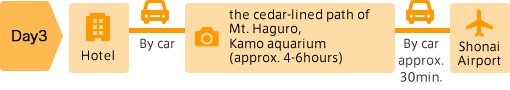 Day3: Hotel | By car | the cedar-lined path of Mt. Haguro, Kamo aquarium (approx. 4-6hours) | By car approx. 30min. | Shonai Airport